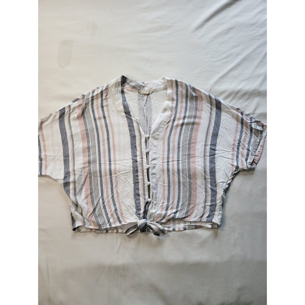 Sim & Sam Striped Tie Front Button Down Top Womens Small Pink Navy V-Neck Blouse